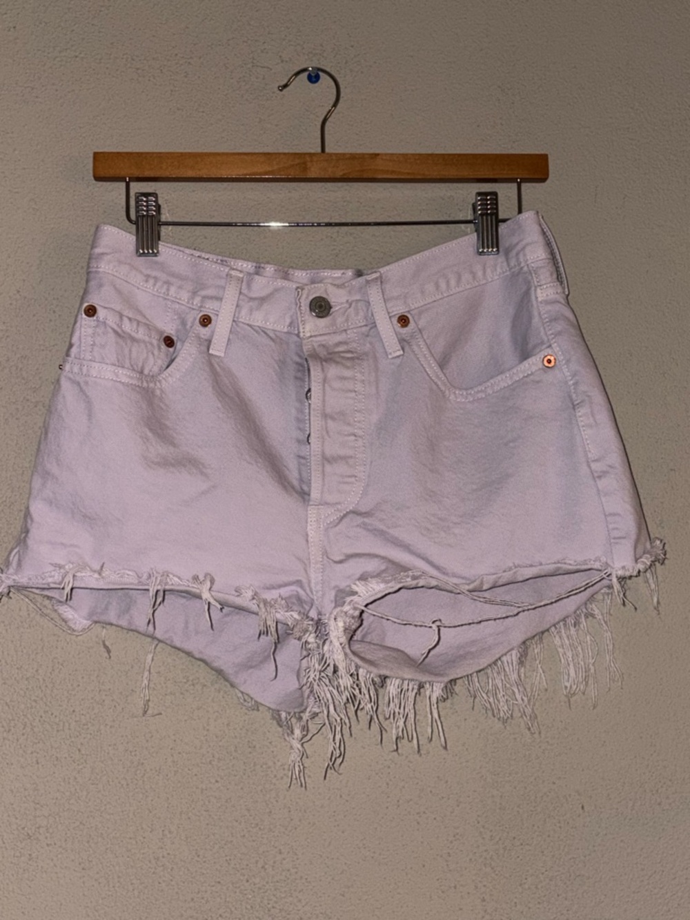 Levis Premium 501 Original Distressed Lilac Denim Cut Off Shorts Womens Size 27